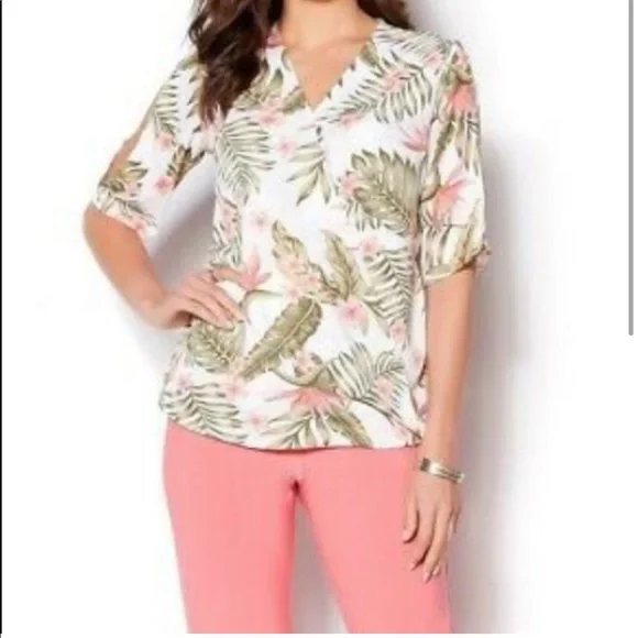 IMAN Palm Floral Tropical HAWAIIAN Resort Faux Wrap Blouse Top Cold Shoulder Med - Picture 8 of 8